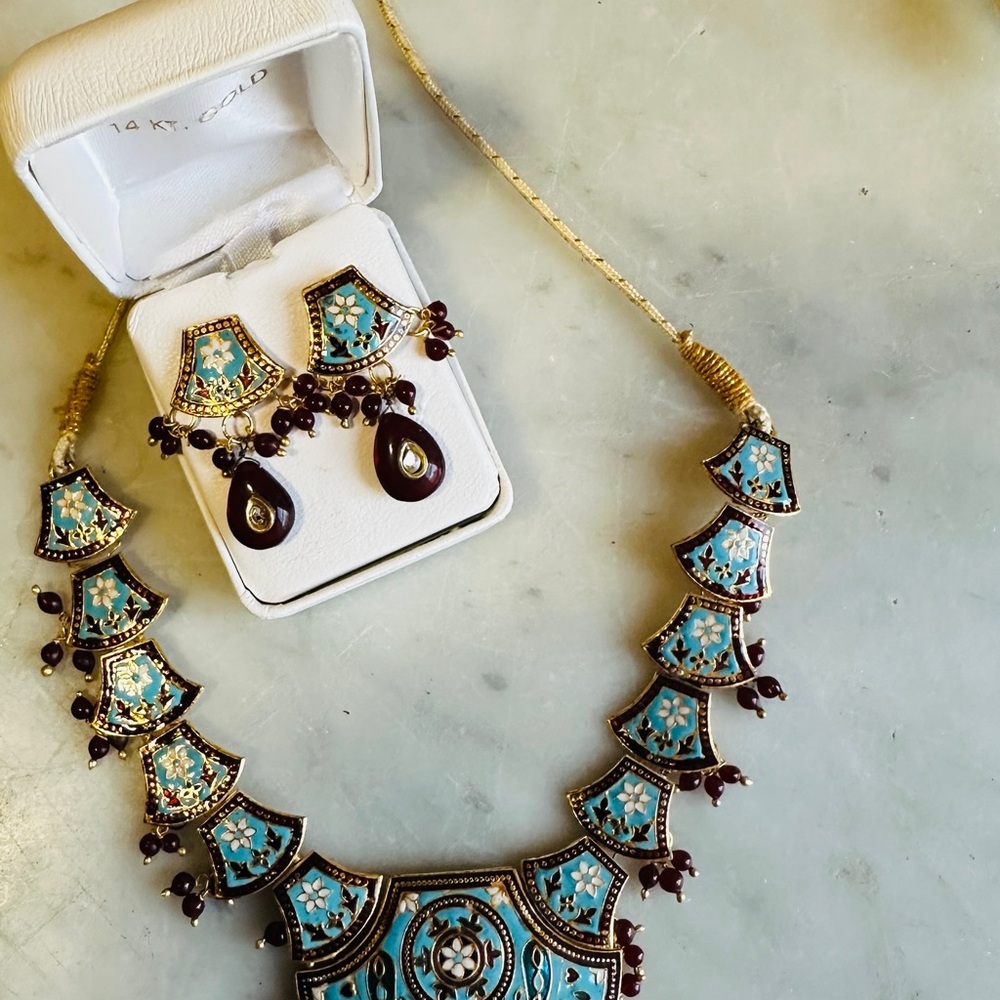 From India Gold and Blue Necklace and Earring Set